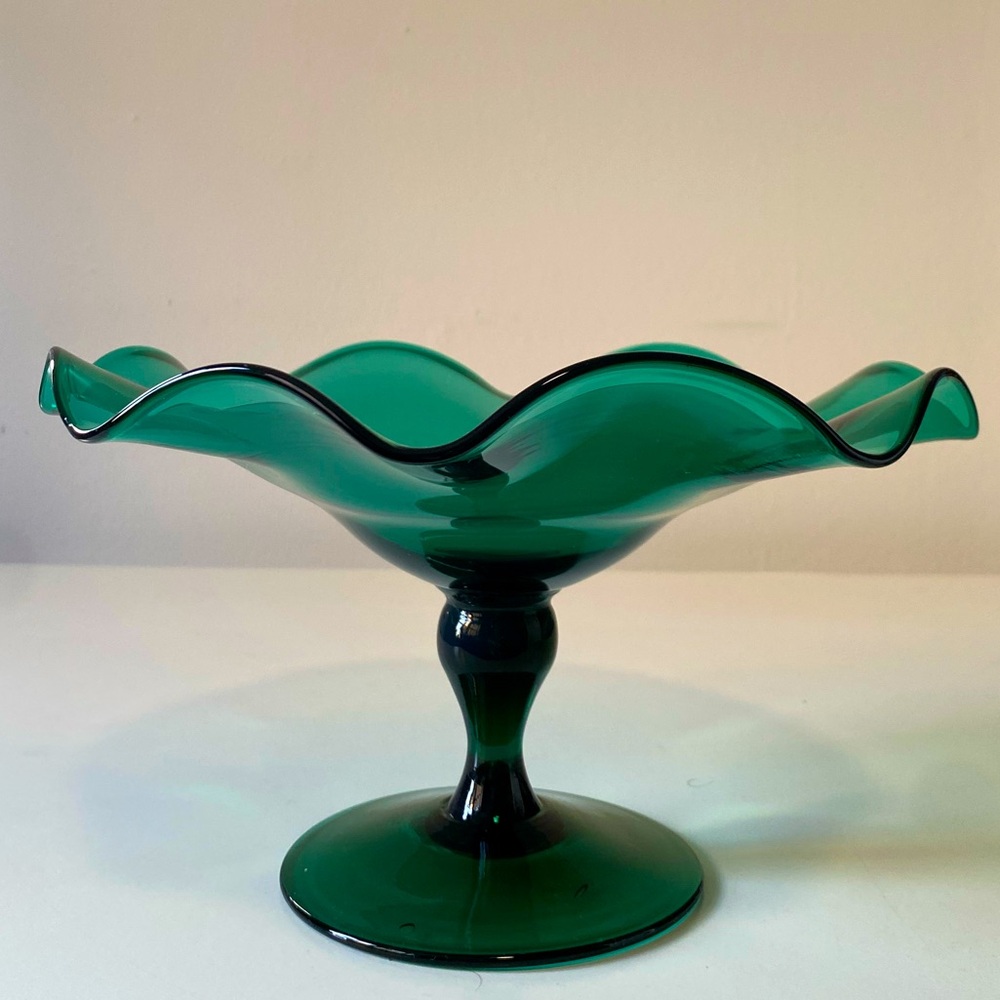 Vintage Teal Art Glass Pedestal Fruit Bowl with Ruffled Edge